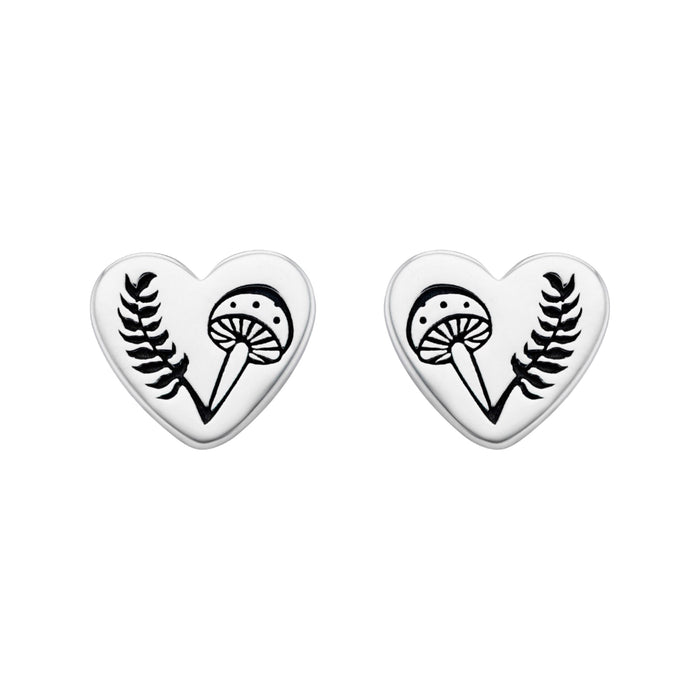 Heart Fern toadstool mushroon stud earring nature inspired alternative boho sterling silver jewellery.