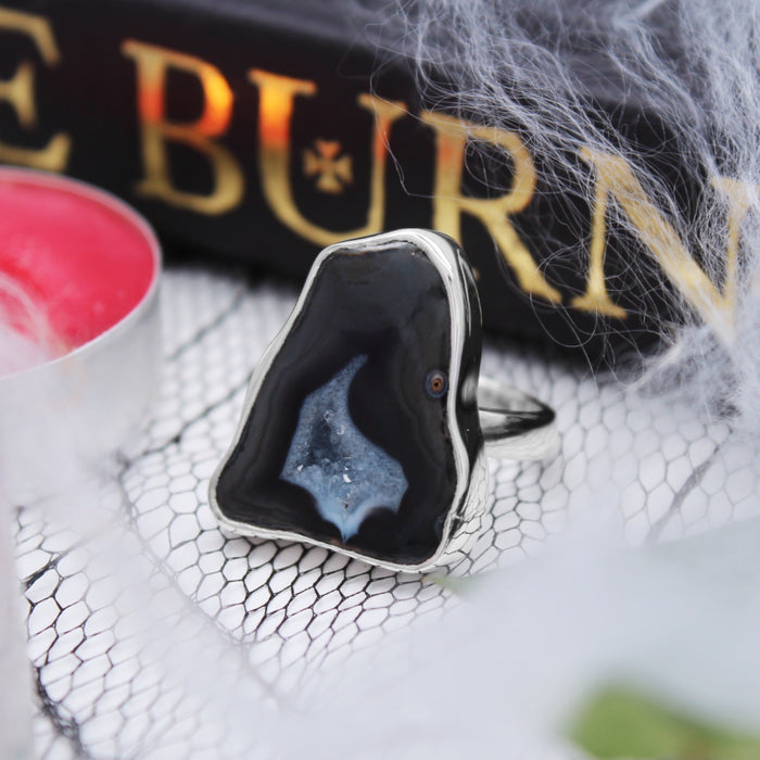 OBLIVION - Sterling Silver & Onyx Druzy Ring - US 7