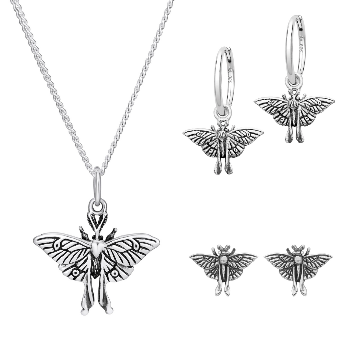 MAD ABOUT MOTHS - Sterling Silver Necklace, Hoop & Studs Gift Set