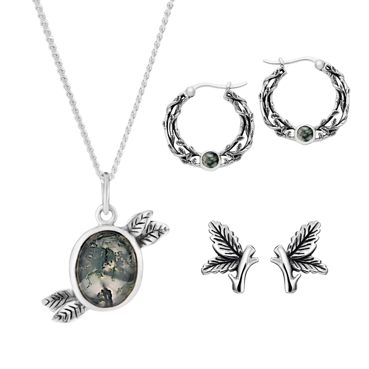 FOLKLORE - Sterling Silver Necklace, Hoop & Stud Gift Set