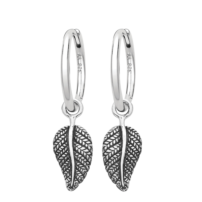 Sterling silver leaf fern nature hoop earrings 