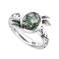 Sterling silver moss agate leaf ring alternative gothic unusual witchy jewellery