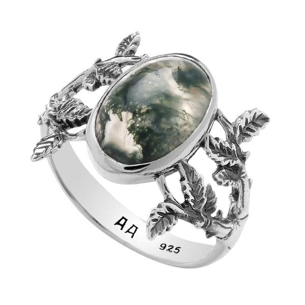 sterling silver moss agate leaf ring nature autumn cottagecore alternative jewellery