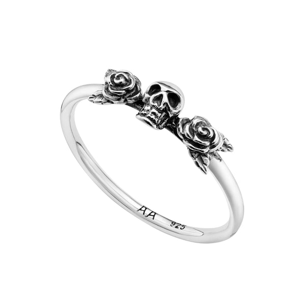 Sterling silver skull rose ring stacker gu tic alternative jewellery