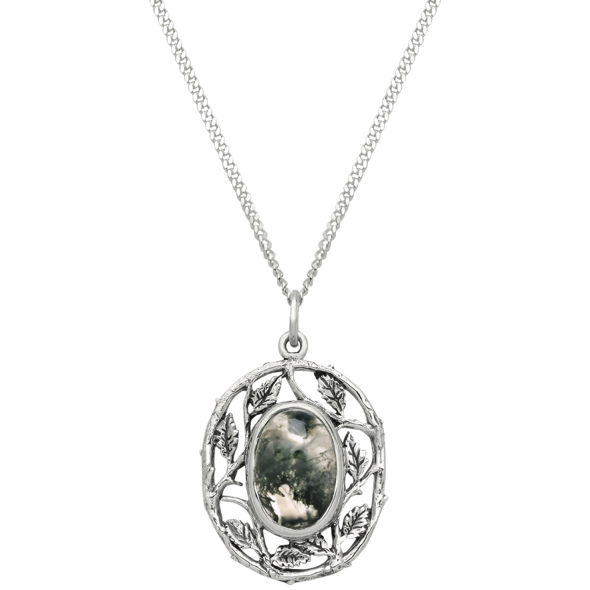 sterling silver moss agate leaf autumn nature necklace cottagecore jewellery