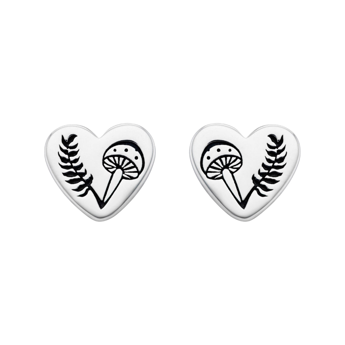 Heart Fern toadstool mushroon stud earring nature inspired alternative boho sterling silver jewellery. 