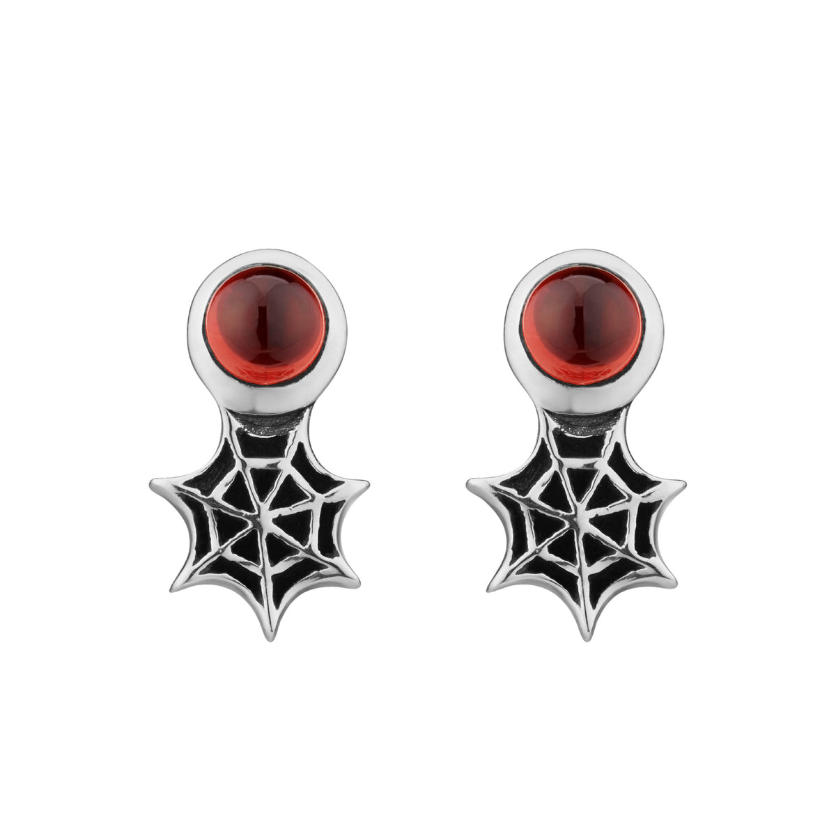Sterling silver garnet spiderweb stud earrings gothic spooky alternative jewellery