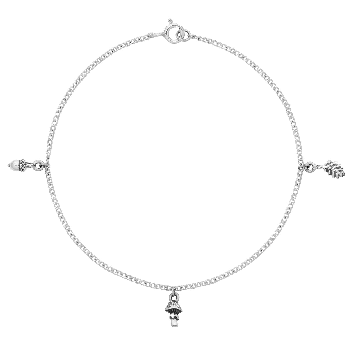 sterling silver nature charm bracelet autumn acorn toadstool cottagecore jewellery
