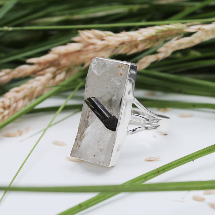 SUMMER LEAVES - Sterling Silver & Green Tourmaline in Quartz Ring - US 8