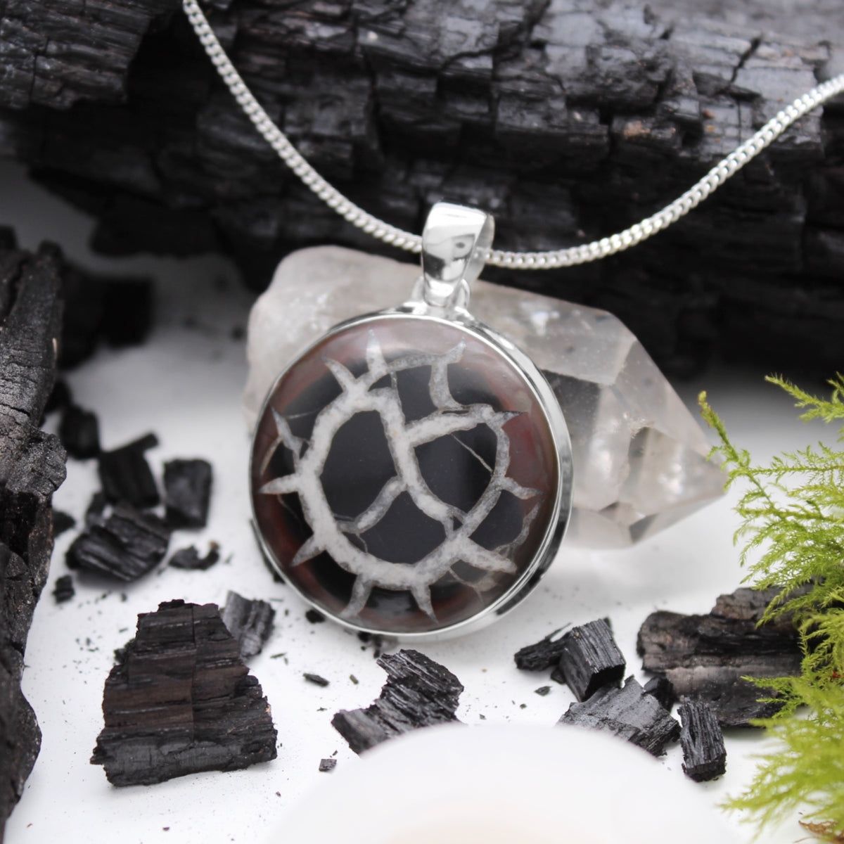 DRAGON STONE - Sterling Silver & Black Septarian Necklace