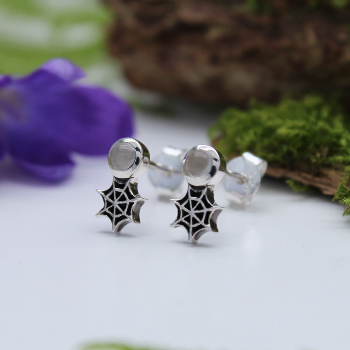 SPIDERWEB STUDS - Sterling Silver & Moonstone Stud Earrings SAMPLE