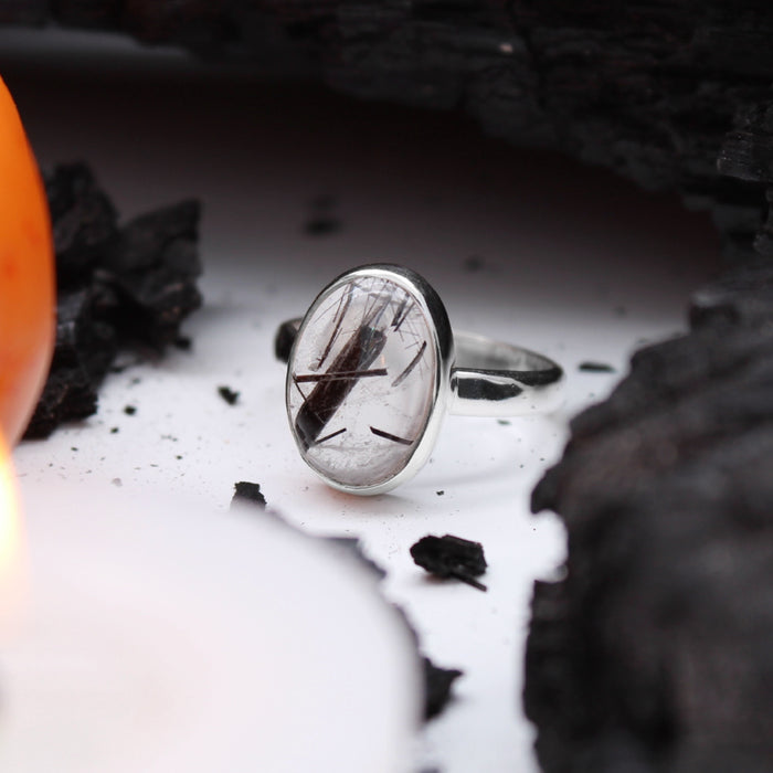 ORACLE - Sterling Silver & Black Rutilated Quartz Ring - US 7