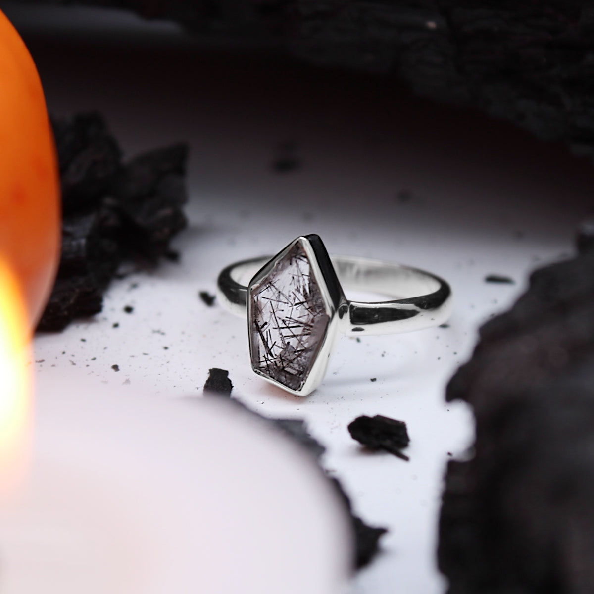 ORACLE - Sterling Silver & Black Rutilated Quartz Ring - US 7