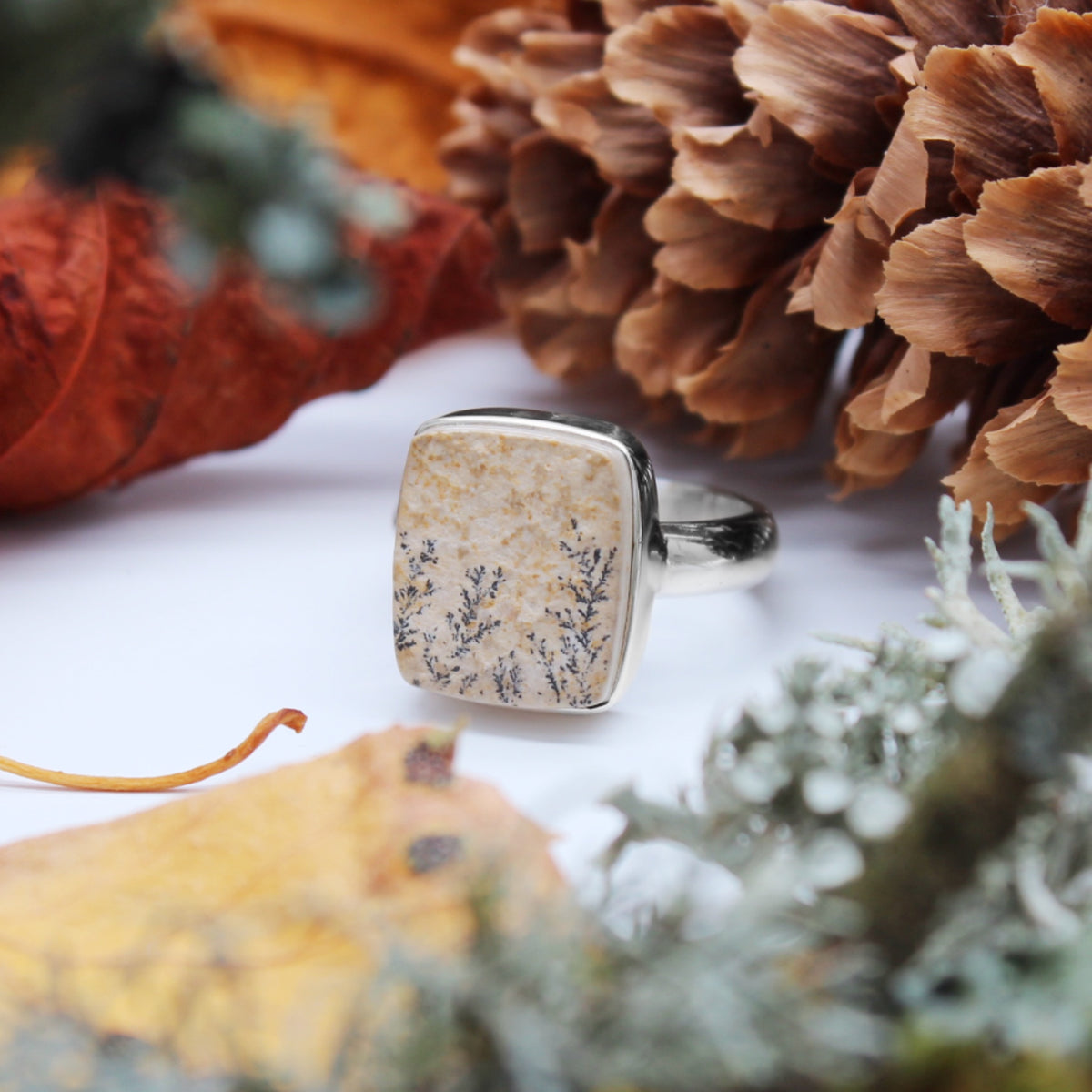CORN FIELDS - Sterling Silver & Psilomelane Dendrite Ring - US 7