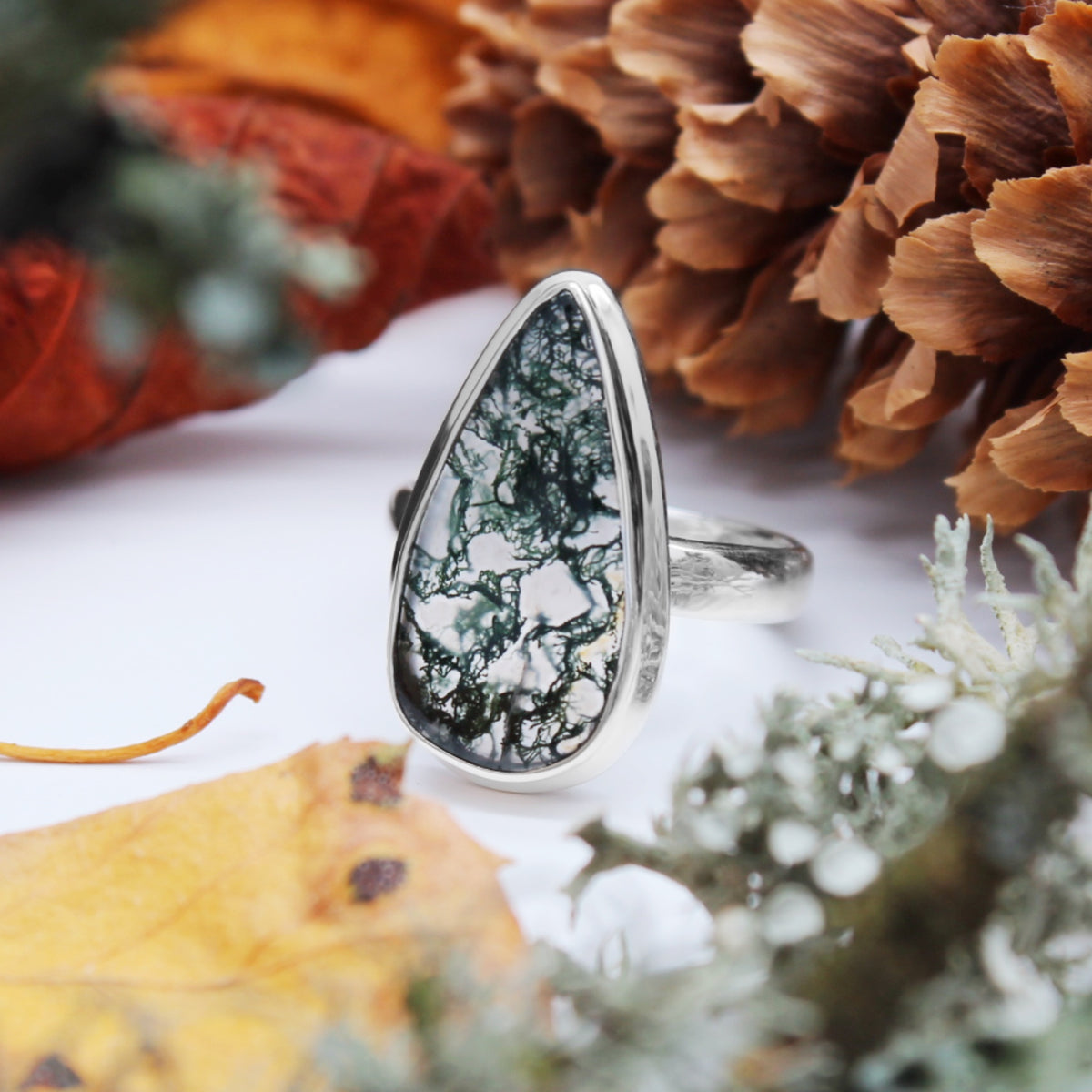 FOREST FOLLY - Sterling Silver & Moss Agate Ring - US 9
