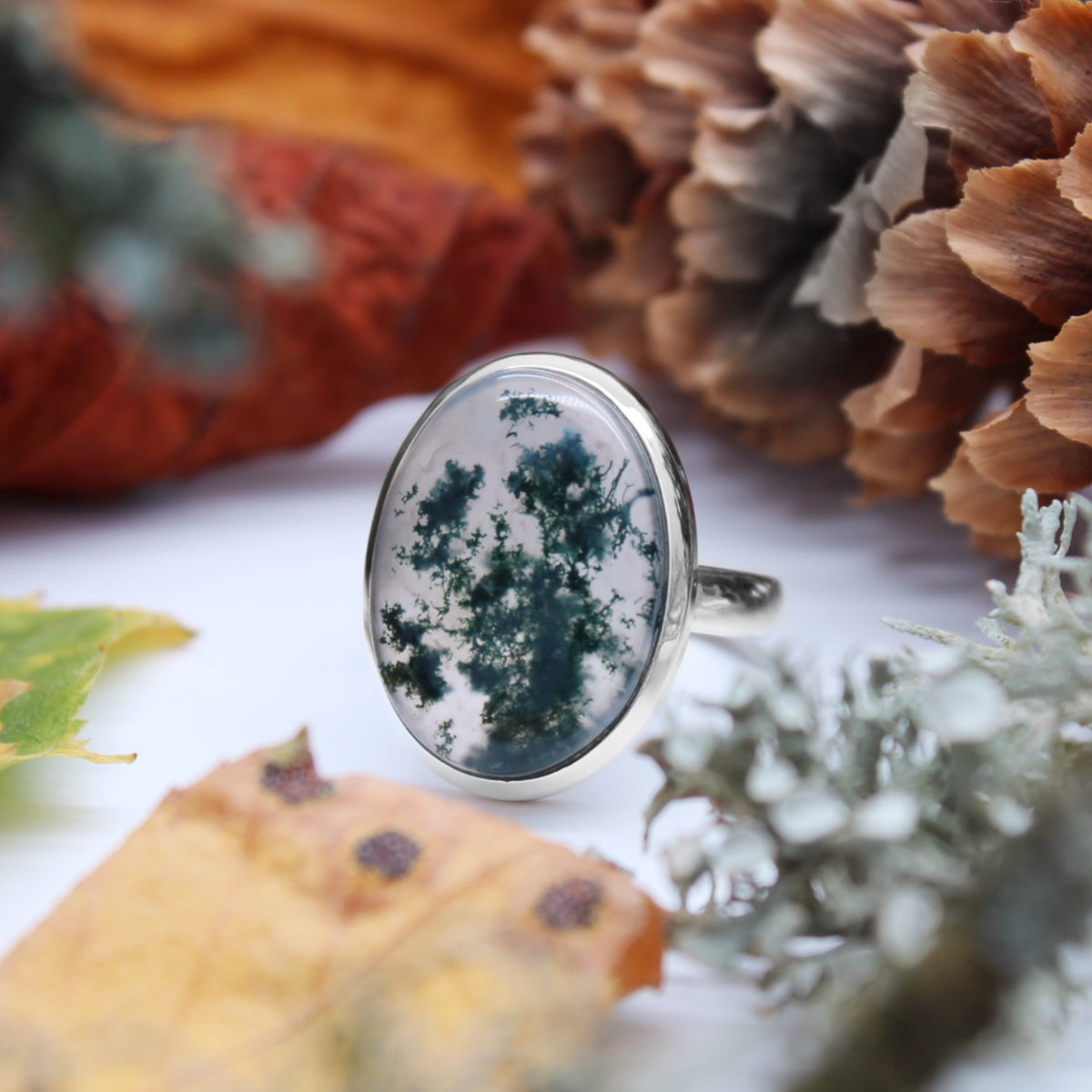 FOREST FOLLY - Sterling Silver & Moss Agate Ring - US 8